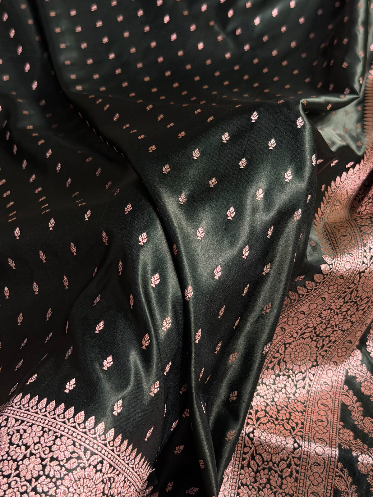 Banarasi Mashru Satin Silk Saree Booti Pattern Dark Bottle Green Shades MSK18