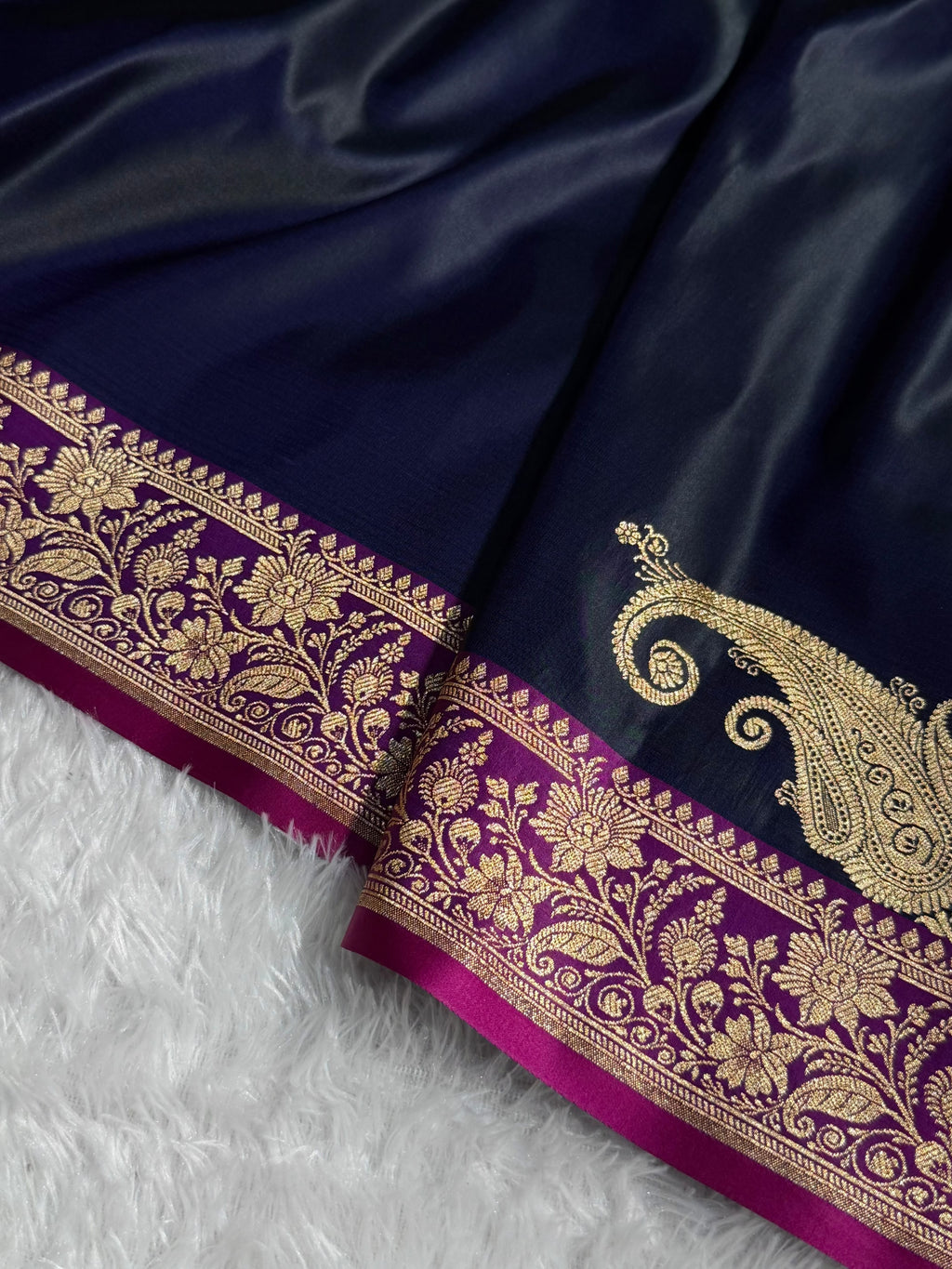 Banarasi Satin Katan Silk Saree Plain Body Pattern in Contrast Cross Navy Blue with Rani Shades SK05