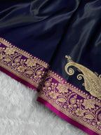 Banarasi Satin Katan Silk Saree Plain Body Pattern in Contrast Cross Navy Blue with Rani Shades SK05