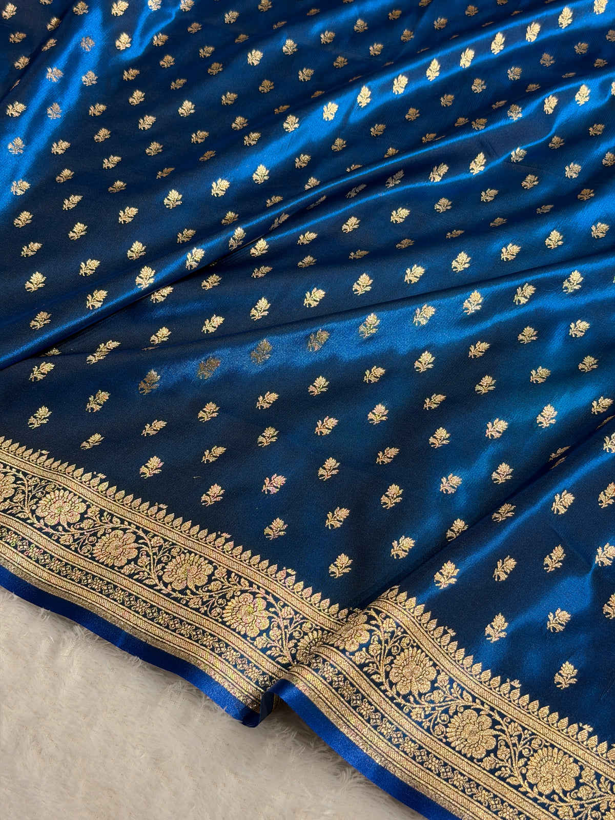Banarasi Satin Silk Saree Cross Pattern in German Blue Shades SS02