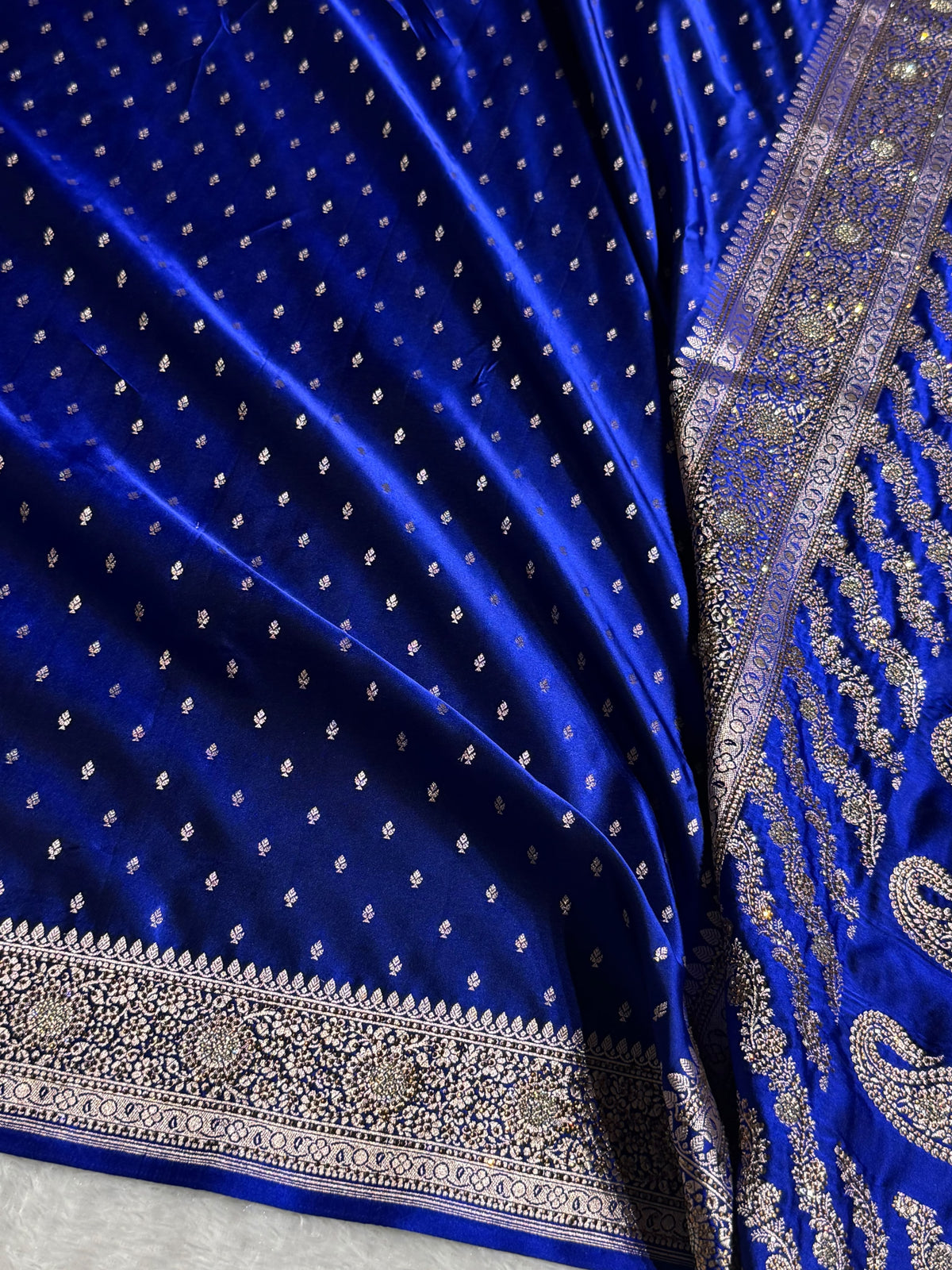 Banarasi Mashru Satin Silk Saree Booti Pattern With Swarovski Stone Work in Royal Blue Shades BMSK18
