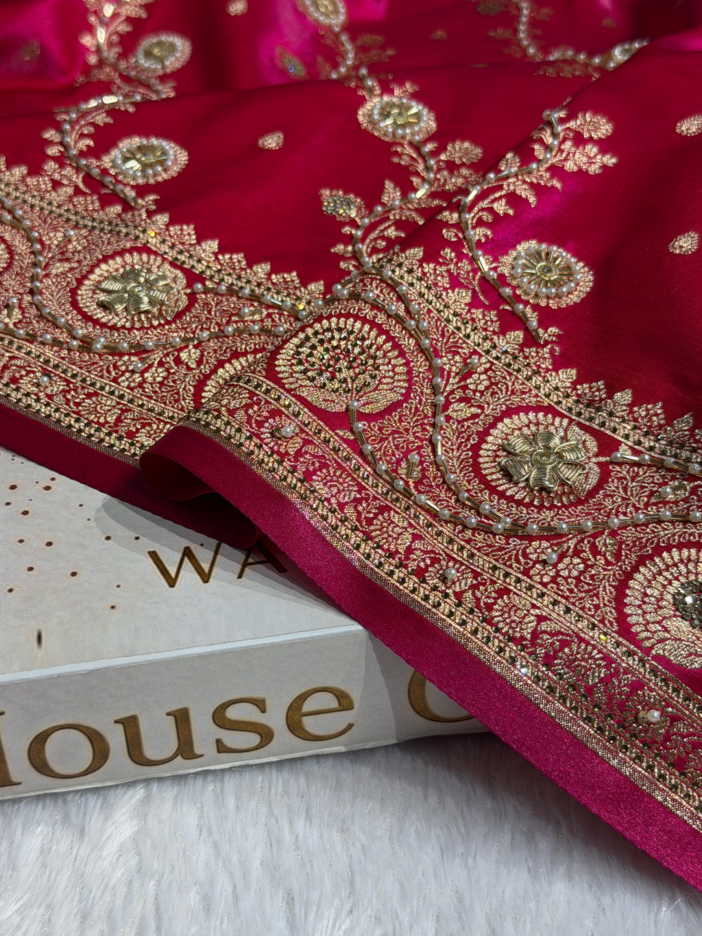 Bridal Satin Silk Saree With Zardozi Pearl Work Cross Pattern Rani Shades BSS01
