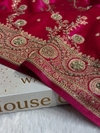 Bridal Satin Silk Saree With Zardozi Pearl Work Cross Pattern Rani Shades BSS01