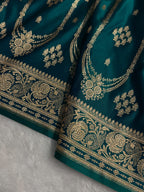 Banarasi Satin Katan Silk Saree Striped Pattern in Peacock Shades SK06