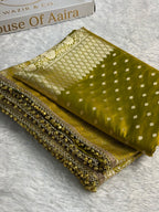 Banarasi Mashru Satin Silk Saree Booti Pattern with Ghungroo Gotta Patti Work Mahndi Gold Shades MSKGP25