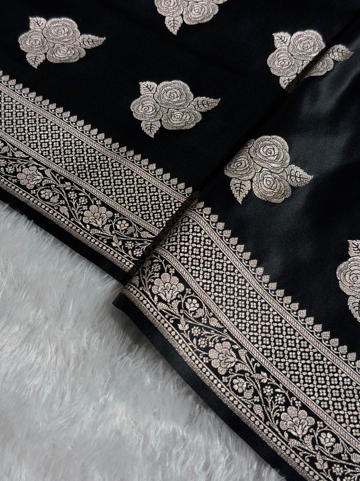 Banarasi Mashru Satin Silk Saree Boota Pattern Black Shades MSK15