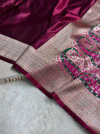 Banarasi Satin Katan Silk Saree Plain body with Minakari Pallu Pattern in Wine Shades SK17