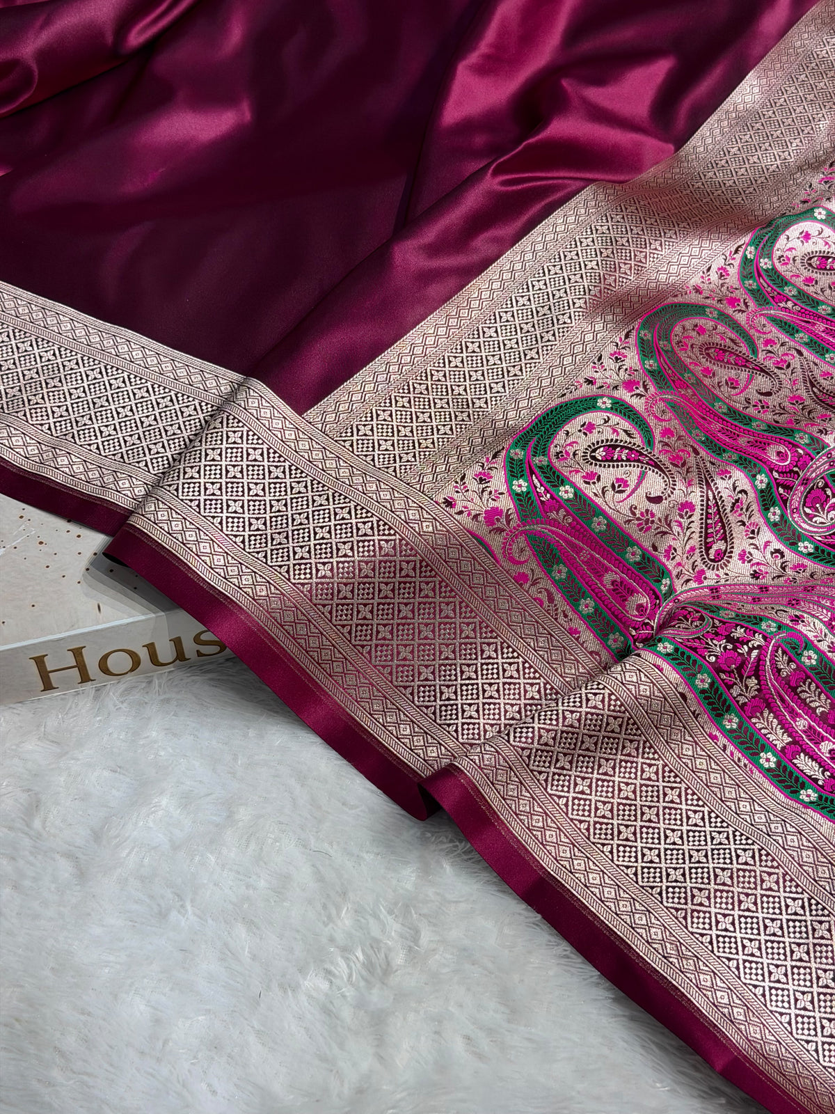 Banarasi Satin Katan Silk Saree Plain body with Minakari Pallu Pattern in Wine Shades SK17