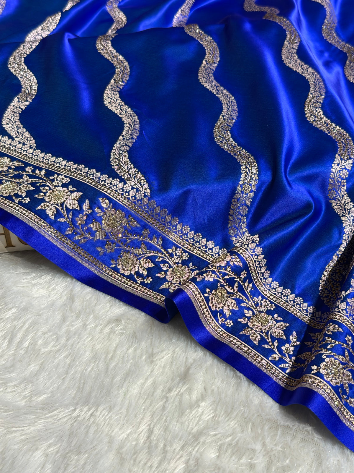 Bridal Mashru Satin Silk Saree With Swarovski Work Cross Pattern Royal Blue Shades BMSK12