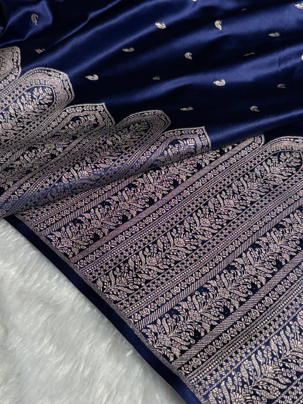 Banarasi Mashru Satin Silk Saree with Scallop Pattern In Navy Blue Shades MSC02