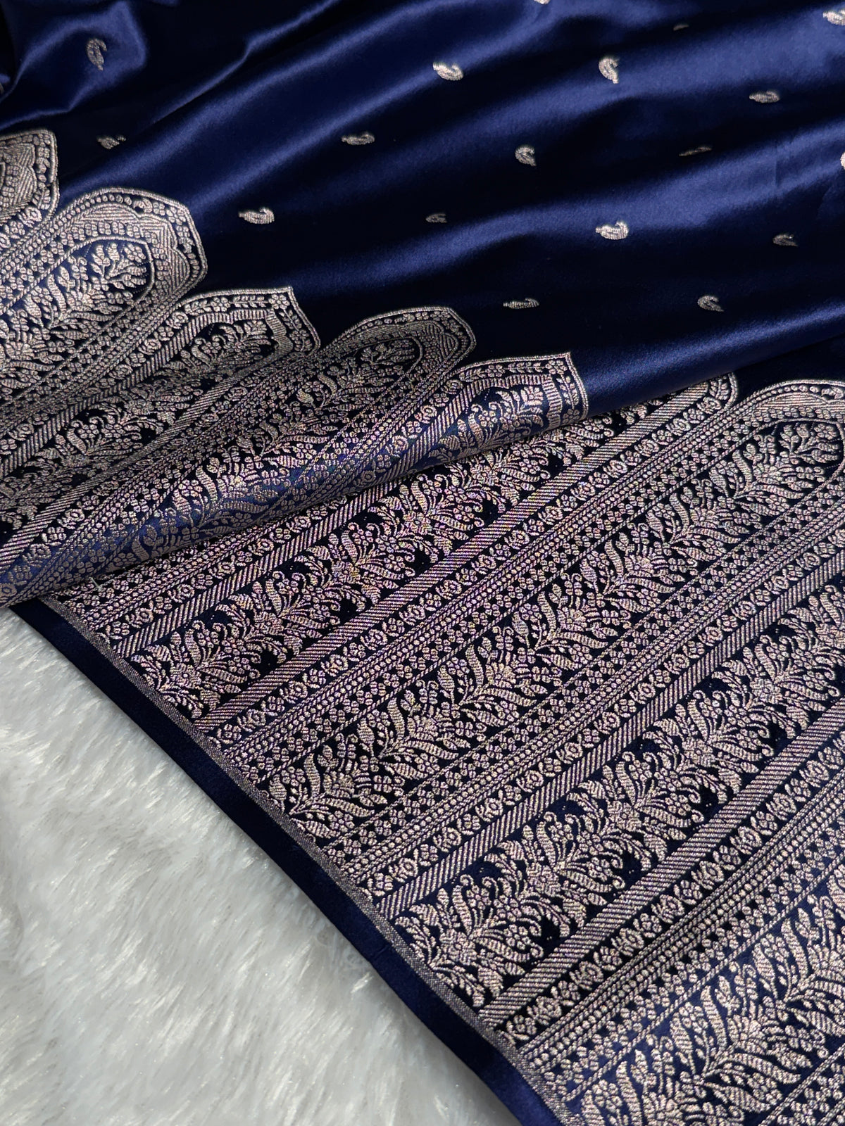 Banarasi Mashru Satin Silk Saree with Scallop Pattern In Navy Blue Shades MSC02