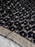 Banarasi Mashru Satin Silk Saree Minakari Floral Jaal Pattern In Black With Grey Shades MSC14