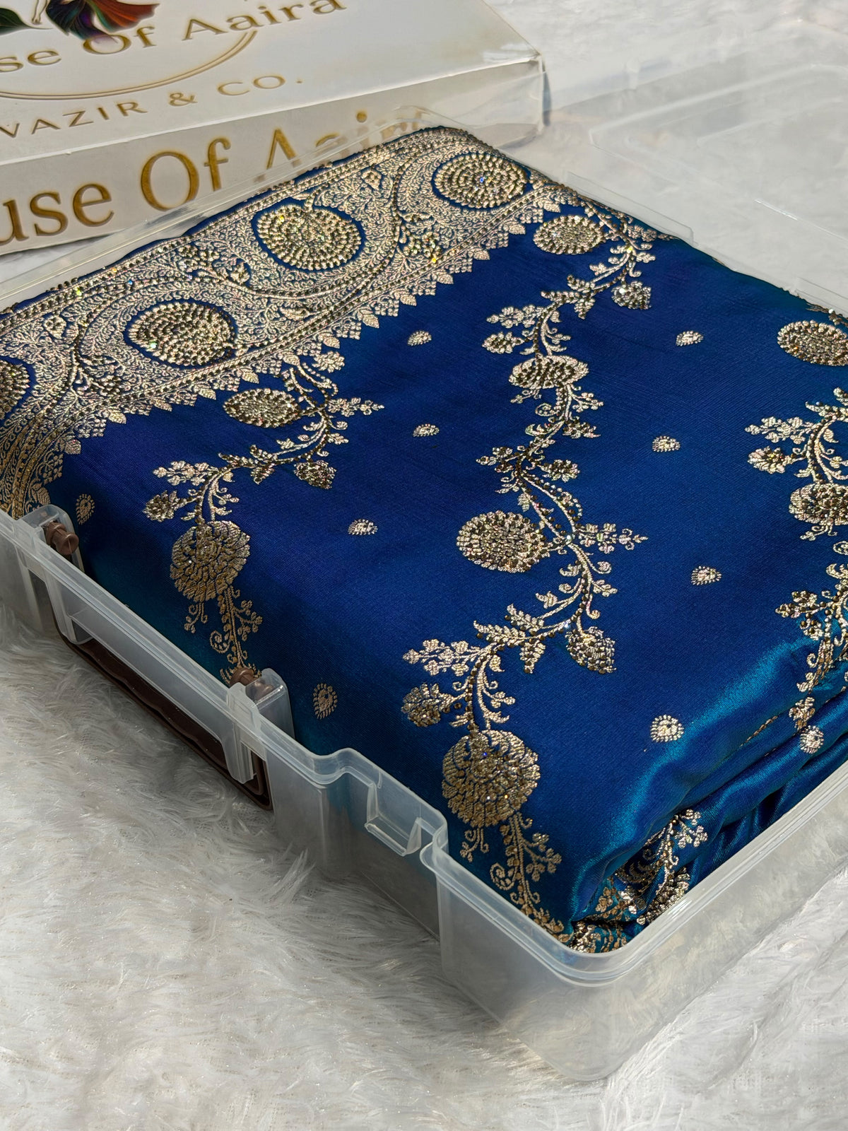 Bridal Satin Silk Saree With Swarovski Stone Work Cross Pattern Peacock Shades BSS01