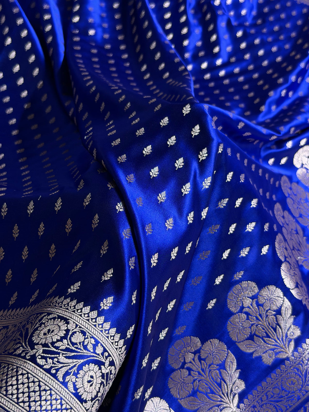Banarasi Mashru Satin Silk Saree Booti Pattern in Royal Blue Shades MSK10