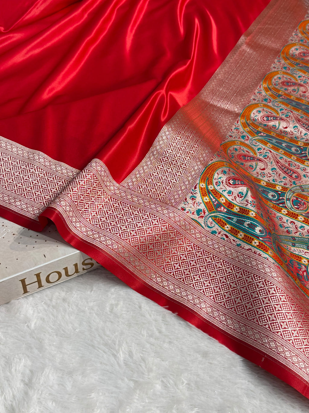 Banarasi Satin Katan Silk Saree Plain body with Minakari Pallu Pattern in Red Shades SK17