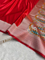 Banarasi Satin Katan Silk Saree Plain body with Minakari Pallu Pattern in Red Shades SK17