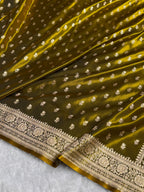 Banarasi Satin Silk Saree Cross Pattern in Mahndi Gold Shades SS02