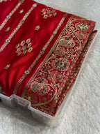 Banarasi Satin Katan Silk Saree with Ari Zardozi Handwork Striped Pattern in Red Shades BSK06