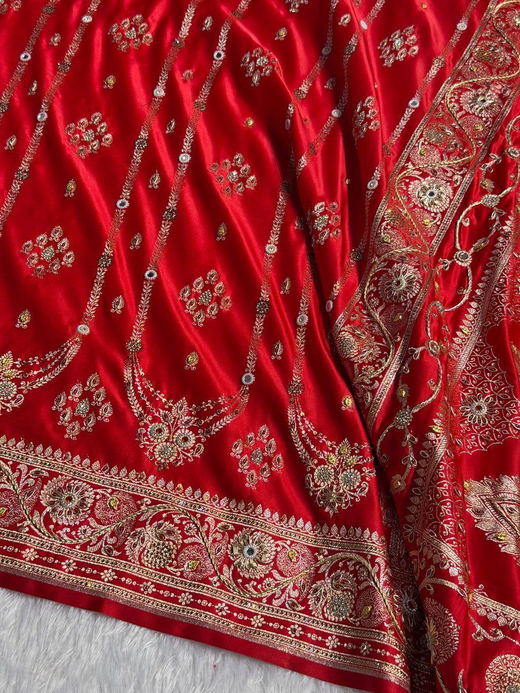 Banarasi Satin Katan Silk Saree with Ari Zardozi Handwork Striped Pattern in Red Shades BSK06