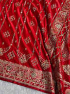 Banarasi Satin Katan Silk Saree with Ari Zardozi Handwork Striped Pattern in Red Shades BSK06