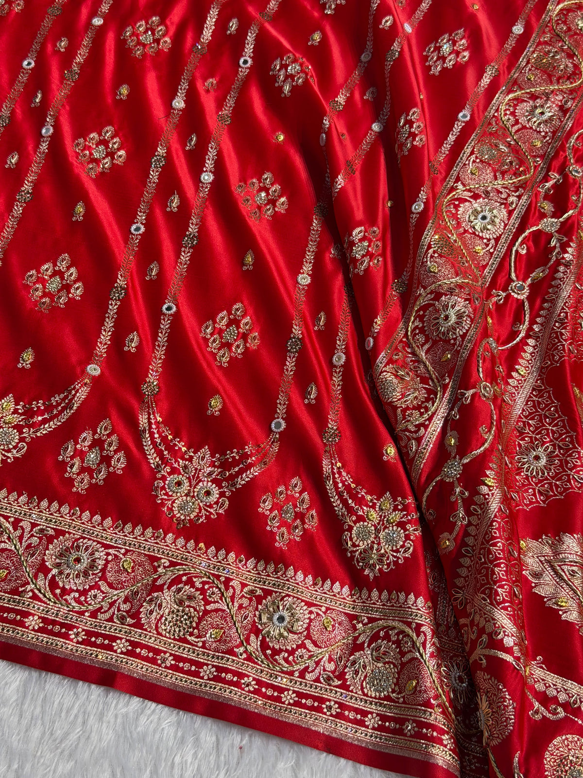 Banarasi Satin Katan Silk Saree with Ari Zardozi Handwork Striped Pattern in Red Shades BSK06