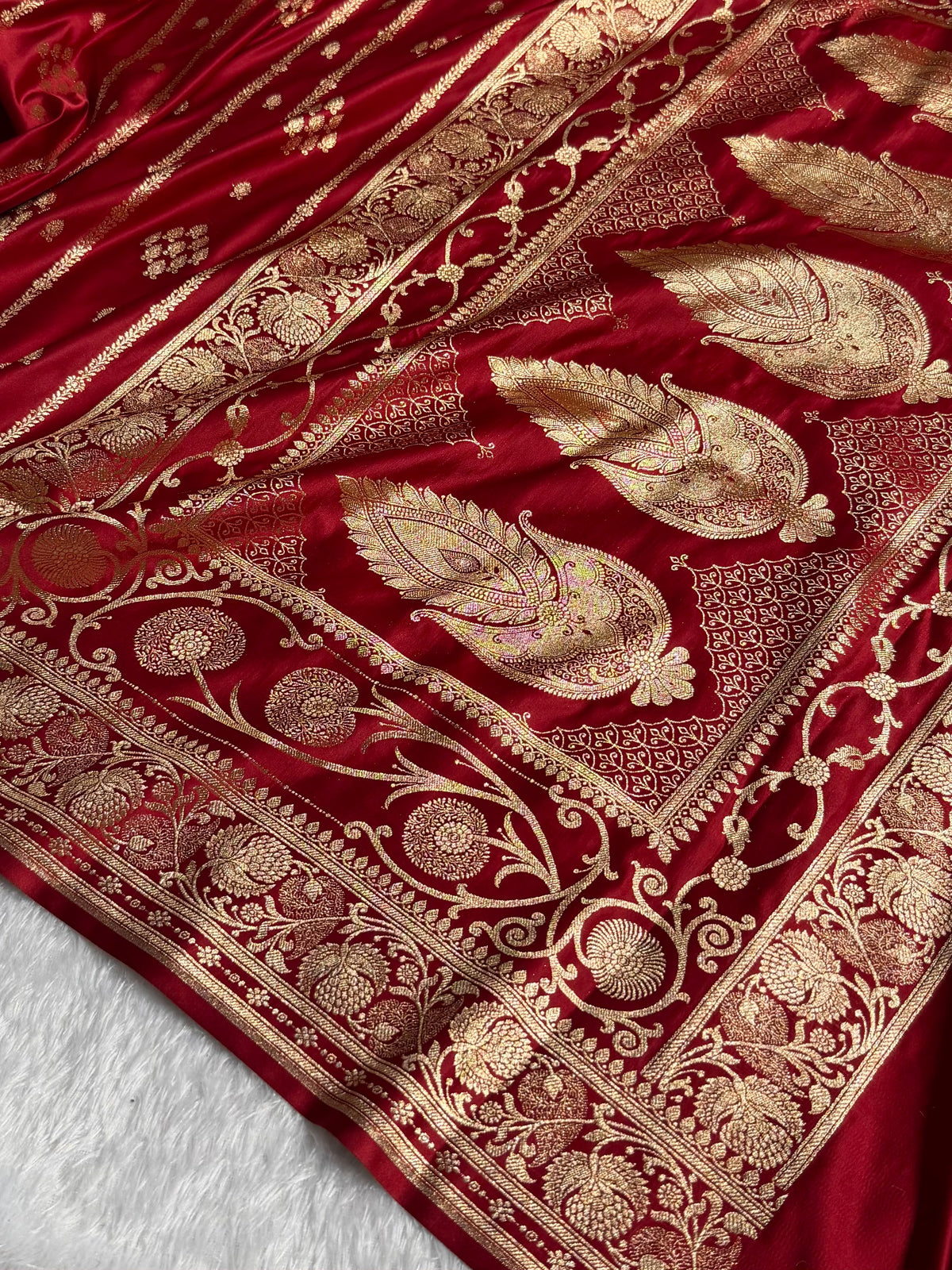 Banarasi Satin Katan Silk Saree Striped Pattern in Maroon Shades SK06