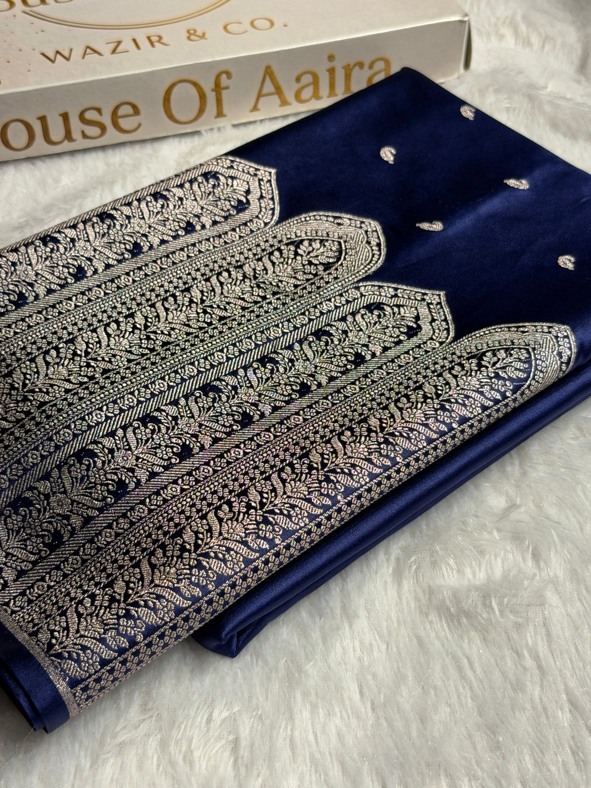 Banarasi Mashru Satin Silk Saree with Scallop Pattern In Navy Blue Shades MSC02