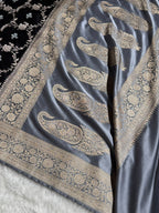 Banarasi Mashru Satin Silk Saree Minakari Floral Jaal Pattern In Black With Grey Shades MSC14