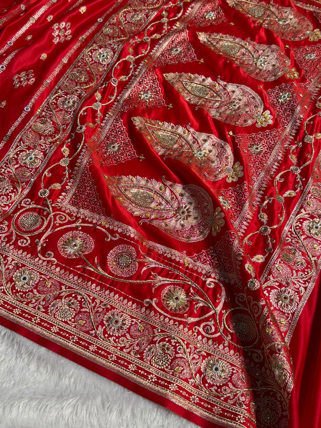 Banarasi Satin Katan Silk Saree with Ari Zardozi Handwork Striped Pattern in Red Shades BSK06