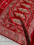 Banarasi Satin Katan Silk Saree with Ari Zardozi Handwork Striped Pattern in Red Shades BSK06