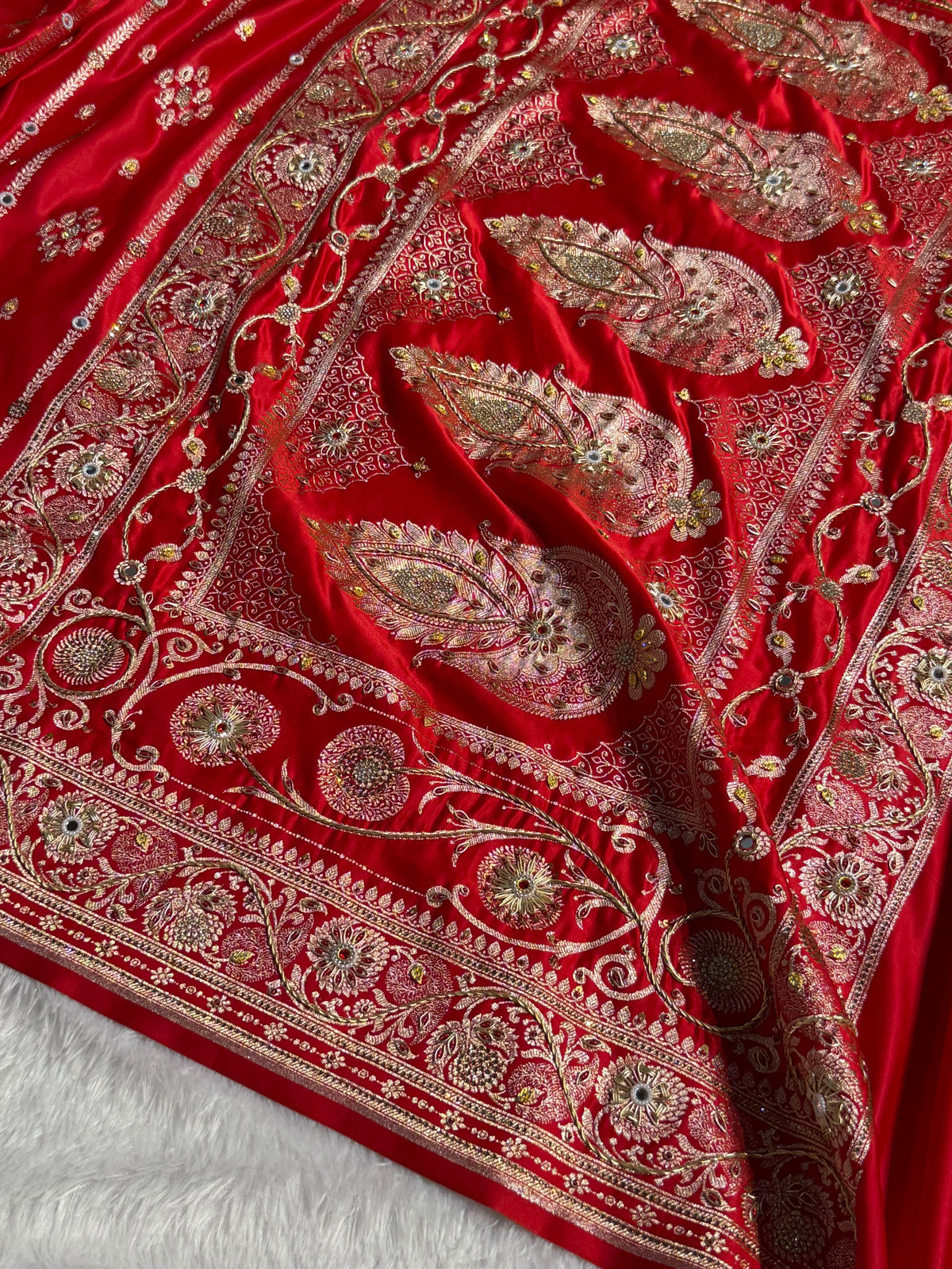 Banarasi Satin Katan Silk Saree with Ari Zardozi Handwork Striped Pattern in Red Shades BSK06