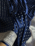 Banarasi Mashru Satin Silk Saree Booti Pattern Navy Blue Shades MSK18