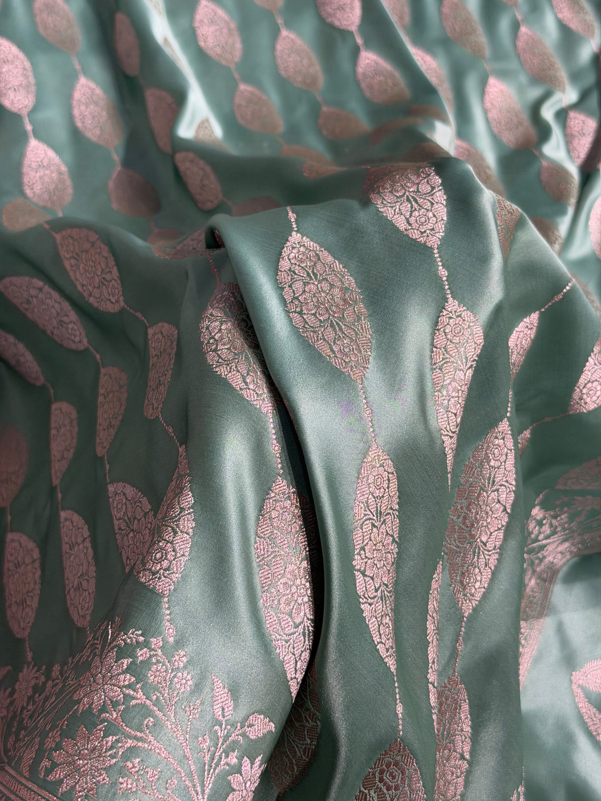 Banarasi Mashru Satin Silk Saree Cross Pattern Sea Green Shades MSK22