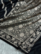 Banarasi Mashru Satin Silk Saree Cross Pattern Black Shades MSK12