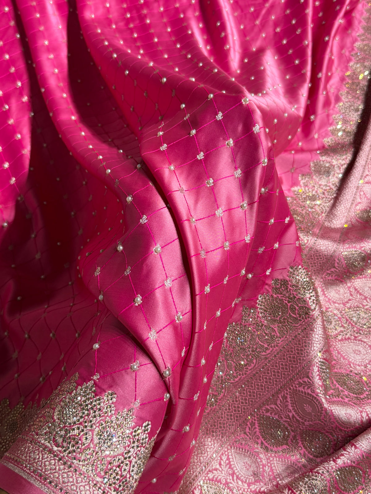 Banarasi Mashru Satin Silk Saree With Pearls & Swarovski Stone work Tanchoi Pattern Baby Pink Shades BMSK20