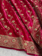 Bridal Satin Silk Saree With Zardozi Pearl Work Cross Pattern Rani Shades BSS01
