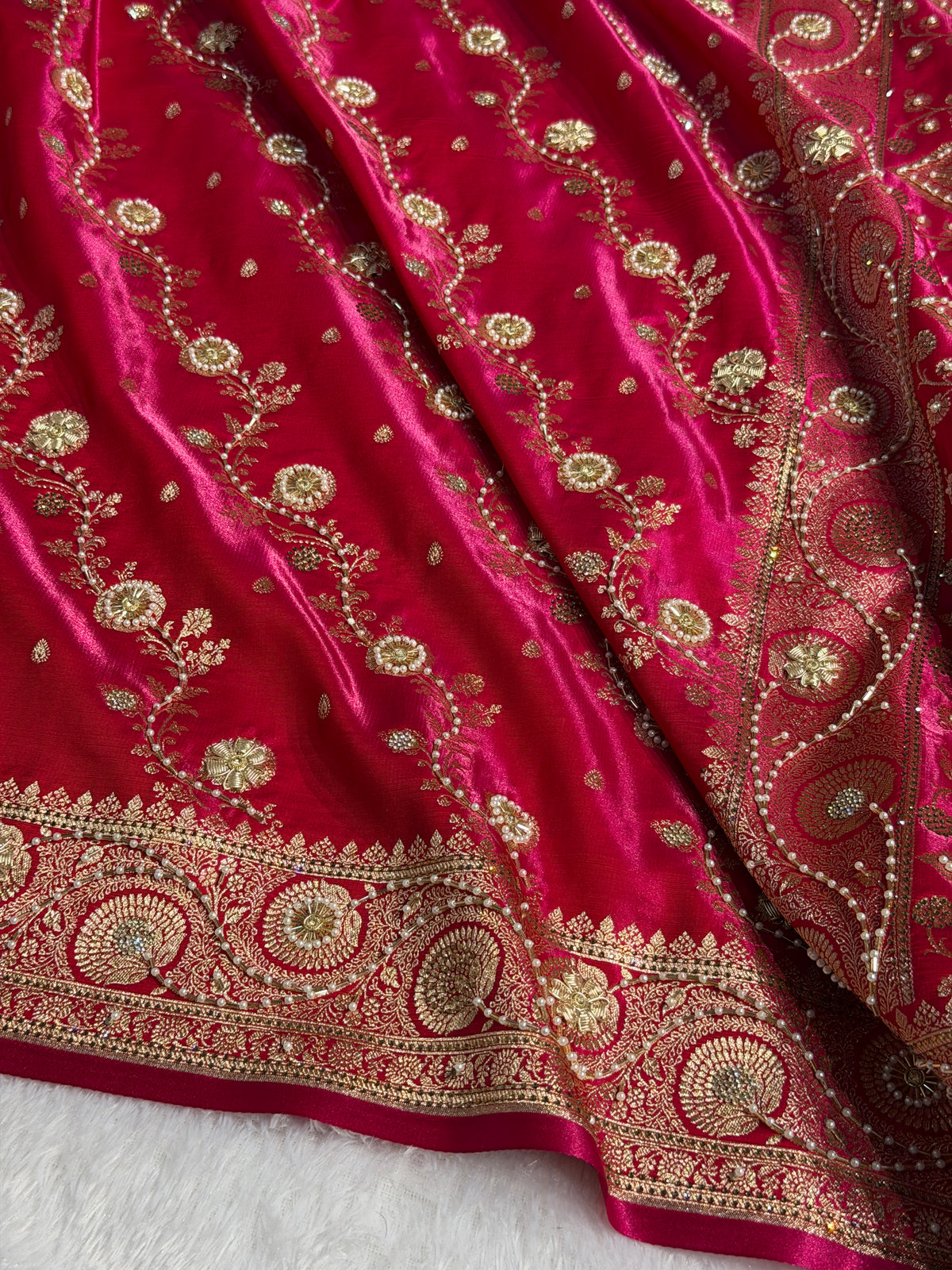 Bridal Satin Silk Saree With Zardozi Pearl Work Cross Pattern Rani Shades BSS01