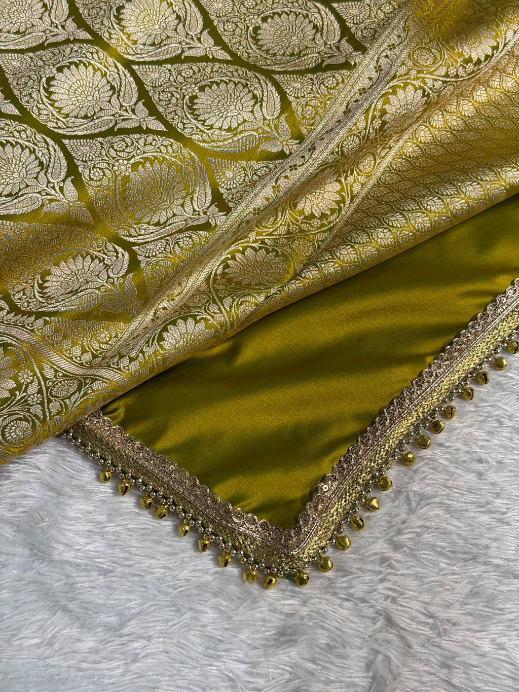 Banarasi Mashru Satin Silk Saree Booti Pattern with Ghungroo Gotta Patti Work Mahndi Gold Shades MSKGP25