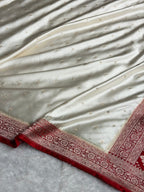 Banarasi Mashru Satin Silk Saree Floral Jaal Pattern In Contrast Cream with Red Shades MSC13