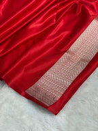 Banarasi Satin Katan Silk Saree Plain body with Minakari Pallu Pattern in Red Shades SK17