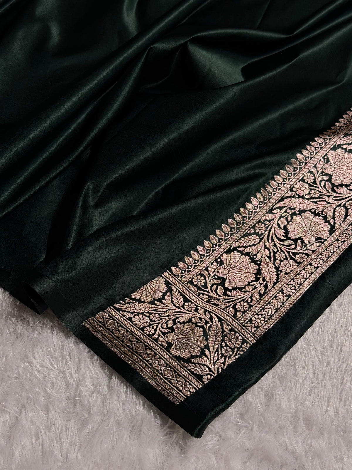 Banarasi Mashru Satin Silk Saree Booti Pattern in Dark Bottle Green Shades MSK06