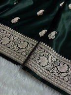 Banarasi Mashru Satin Silk Saree Booti Pattern in Dark Bottle Green Shades MSK06