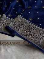 Banarasi Mashru Satin Silk Saree Tanchoi Pattern in Swarovski Work in Navy Blue Shades BMSC04