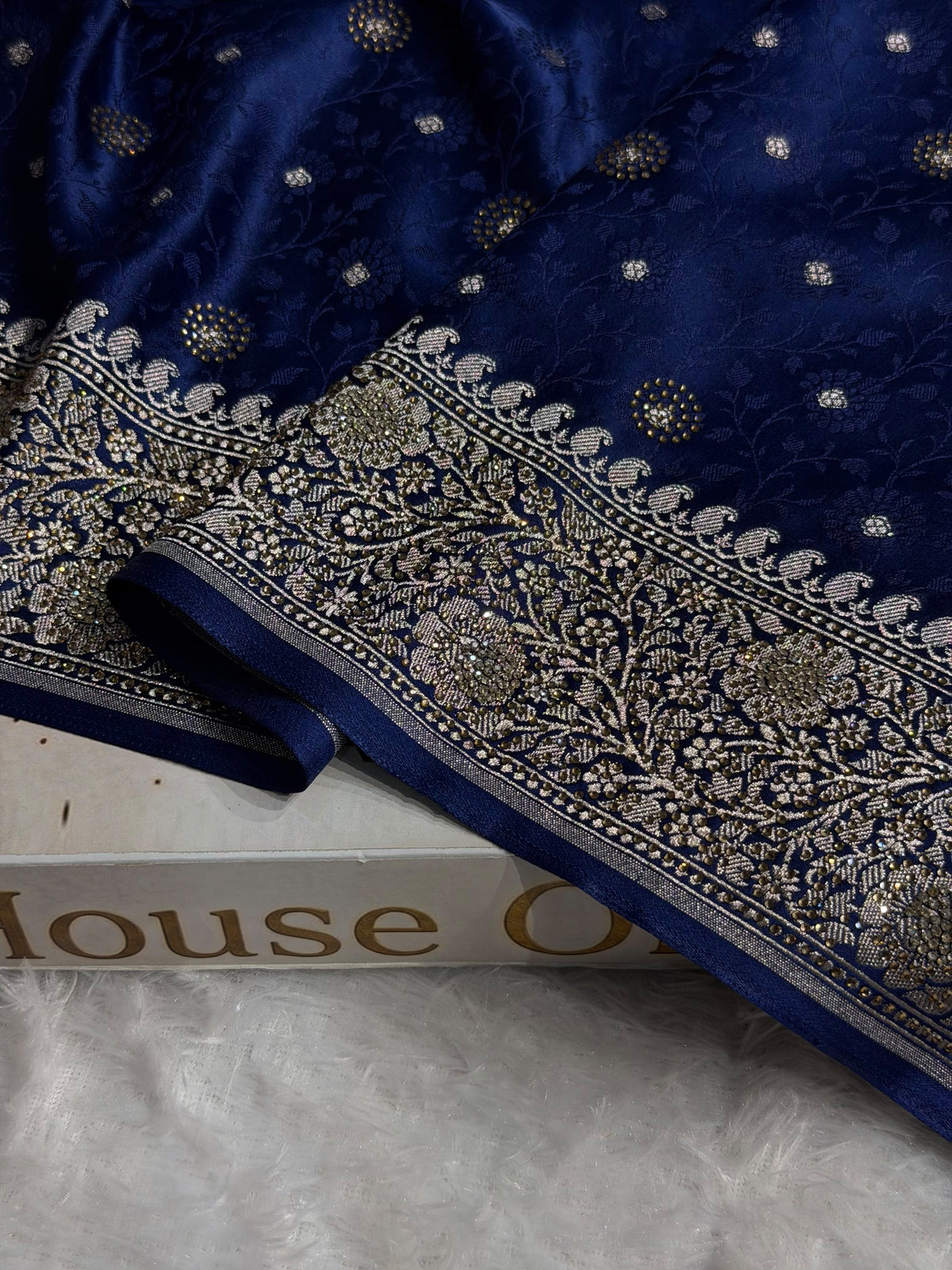 Banarasi Mashru Satin Silk Saree Tanchoi Pattern in Swarovski Work in Navy Blue Shades BMSC04