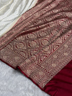 Banarasi Mashru Satin Silk Saree Tanchoi  Pattern Contrast Ivory & Maroon Shades MSC04