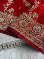 Bridal Satin Silk Saree With Zardozi Pearl Work Cross Pattern Red Shades BSS01