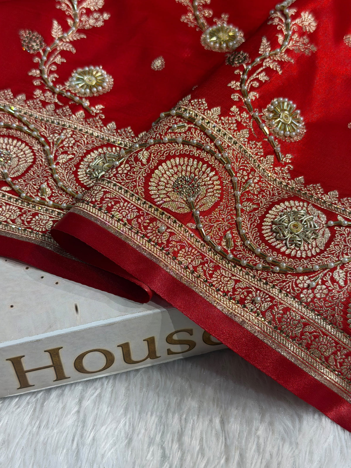 Bridal Satin Silk Saree With Zardozi Pearl Work Cross Pattern Red Shades BSS01