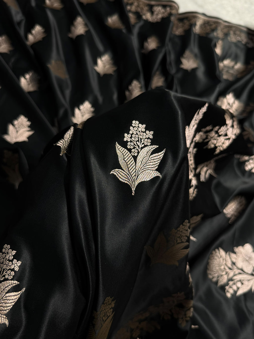 Banarasi Mashru Satin Silk Saree Boota Pattern Black Shades MSK24