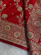 Bridal Satin Silk Saree With Zardozi Pearl Work Cross Pattern Red Shades BSS01
