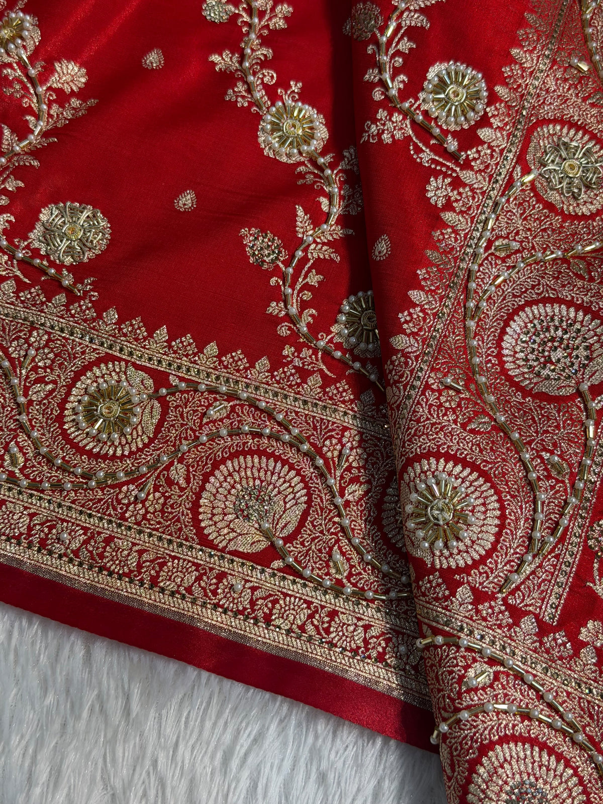Bridal Satin Silk Saree With Zardozi Pearl Work Cross Pattern Red Shades BSS01